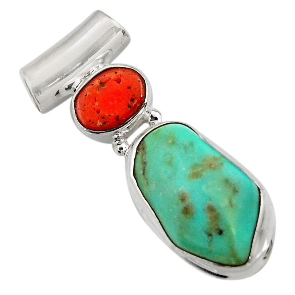 925 silver 15.36cts natural green turquoise tibetan red coral pendant d42911