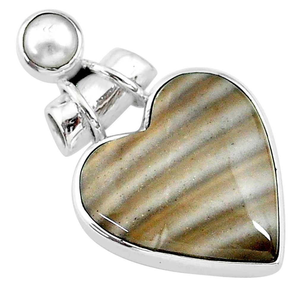 925 silver 14.23cts natural grey striped flint ohio white pearl pendant t13131