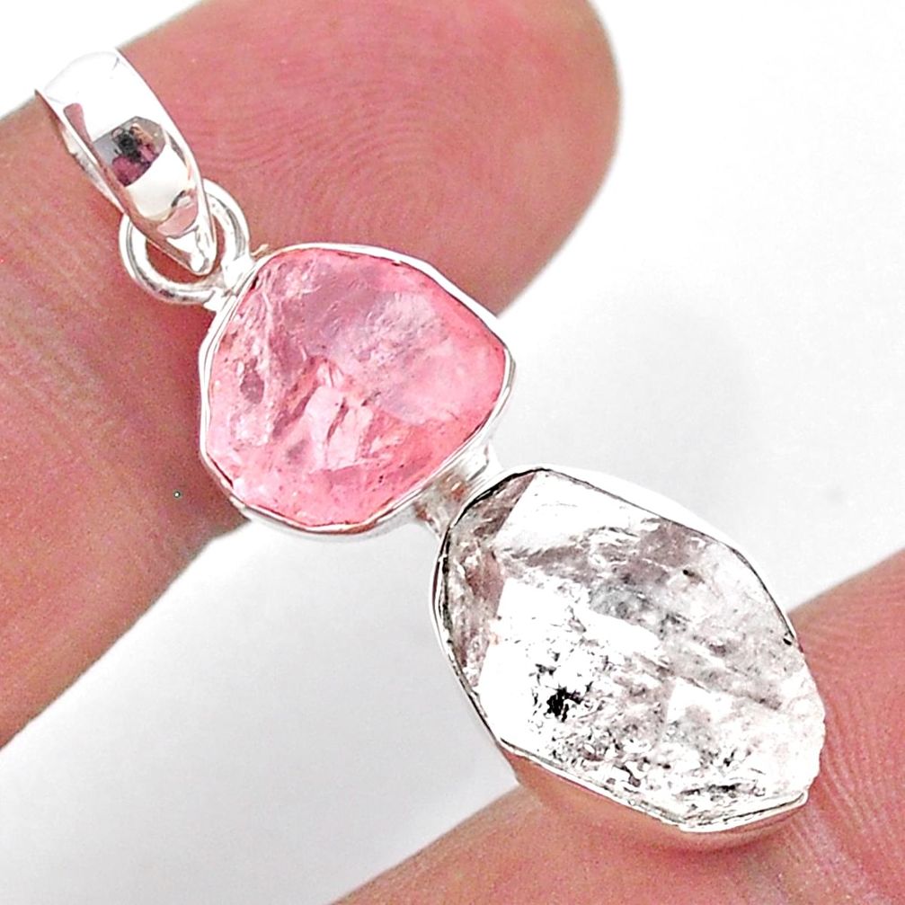 925 silver 10.28cts natural herkimer diamond rose quartz raw pendant t49212