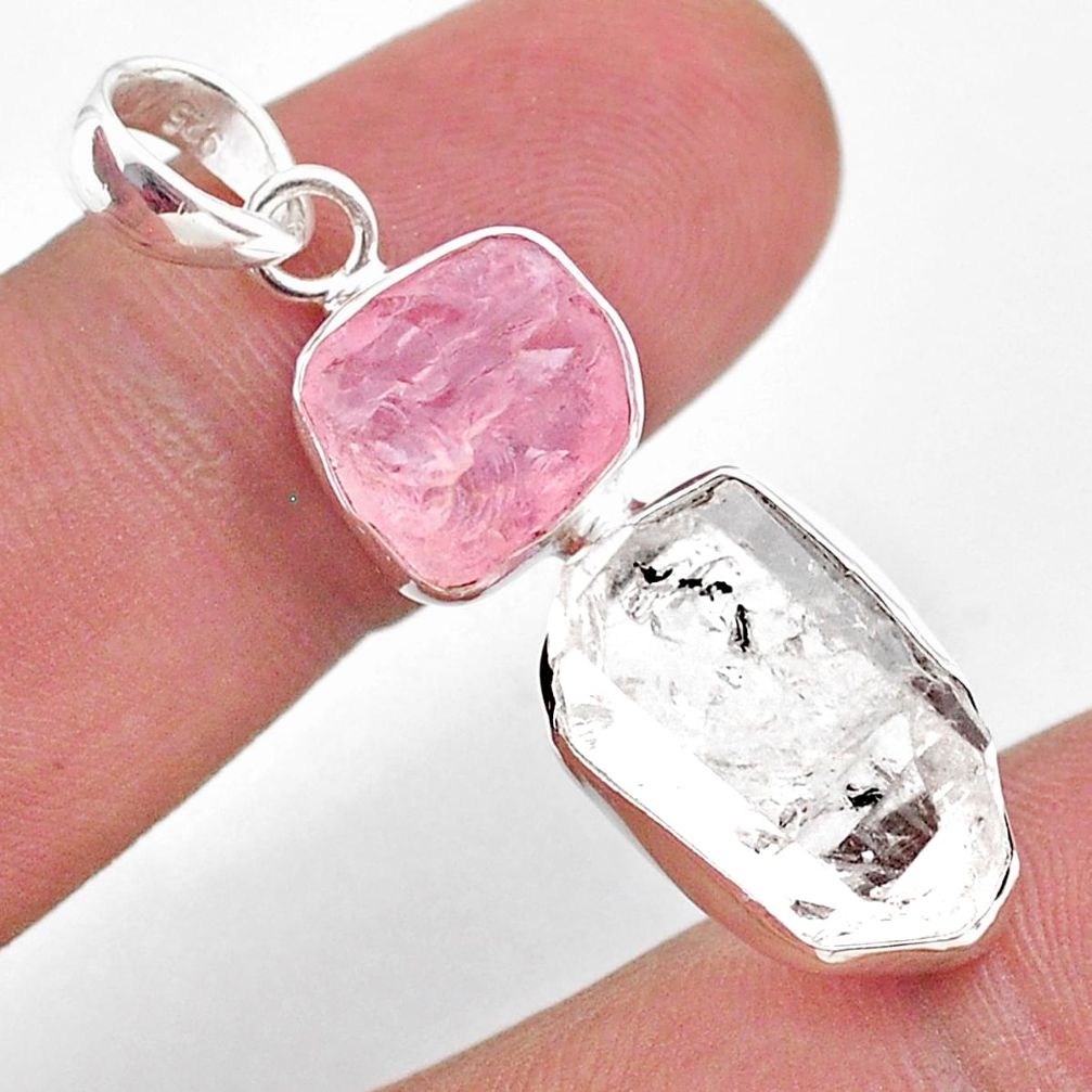 925 silver 12.10cts natural herkimer diamond rose quartz raw pendant t49217