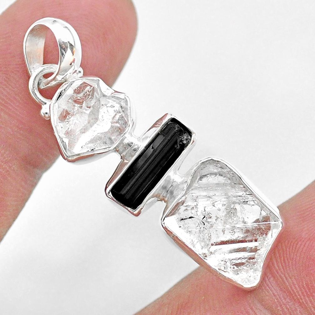 925 silver 11.66cts natural herkimer diamond tourmaline raw pendant t33368