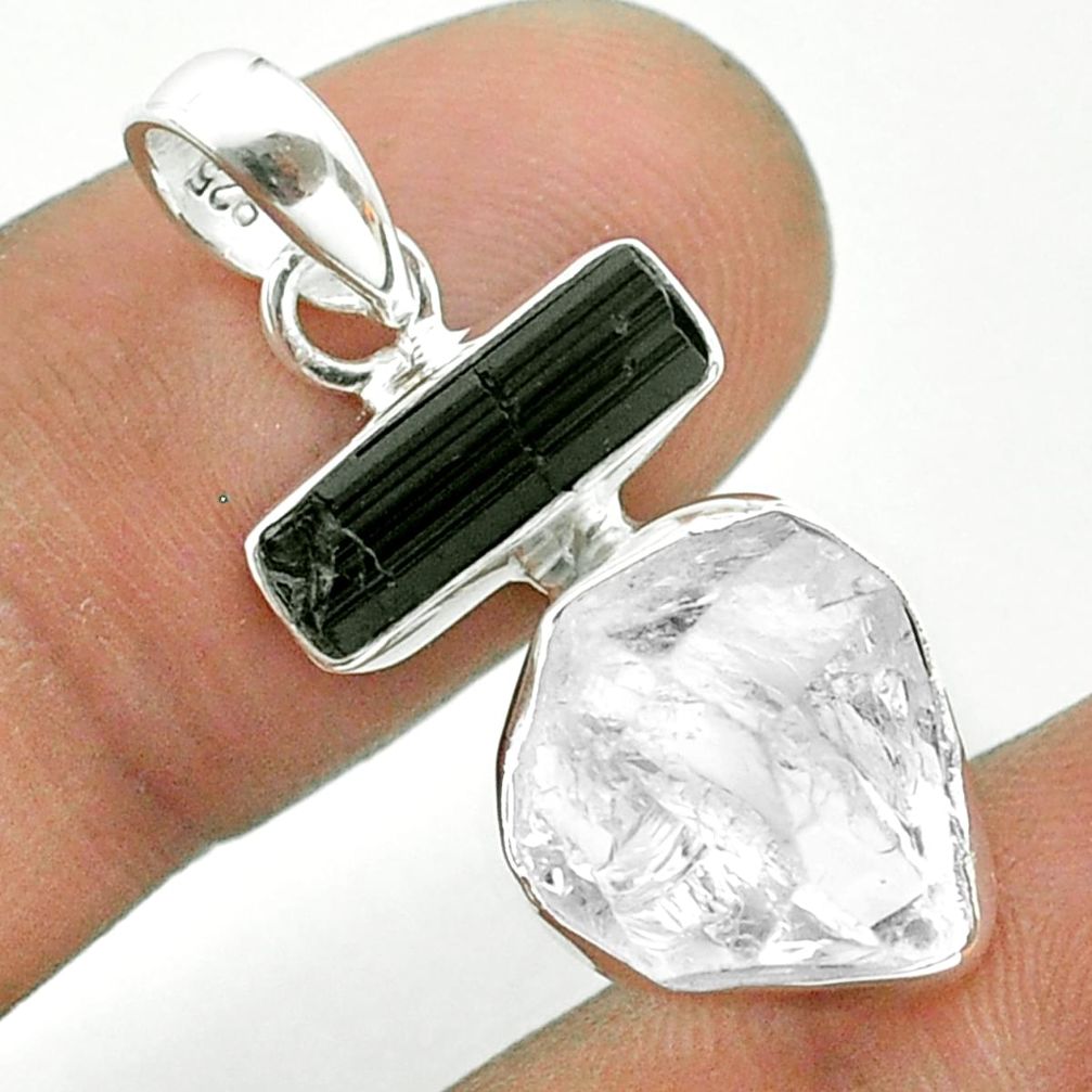 925 silver 9.37cts natural herkimer diamond tourmaline raw pendant t49163