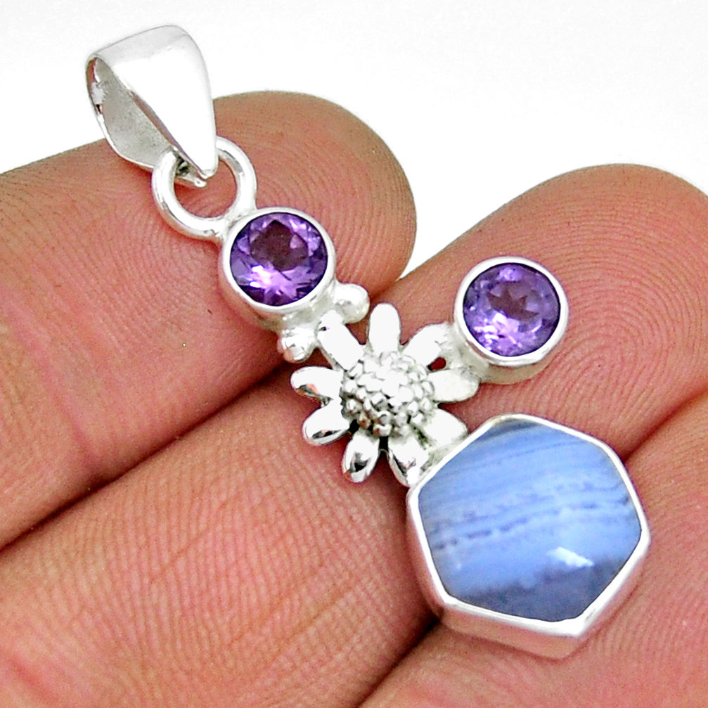 925 silver 5.56cts natural lace agate hexagon amethyst flower pendant y7153