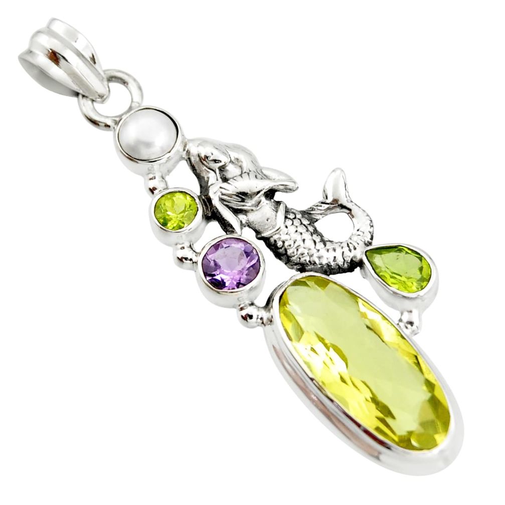 925 silver 10.26cts natural lemon topaz amethyst fairy mermaid pendant r20575