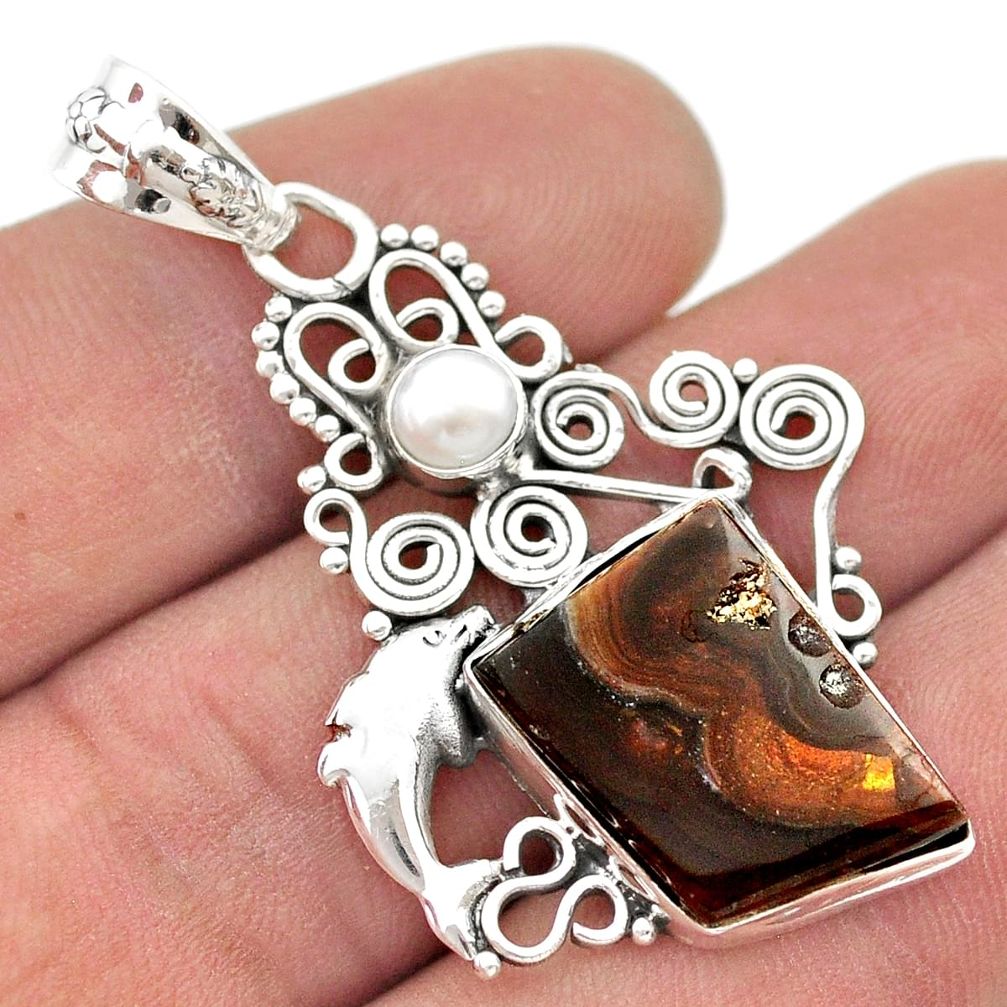 925 silver 12.40cts natural mexican fire agate pearl dolphin pendant d48426