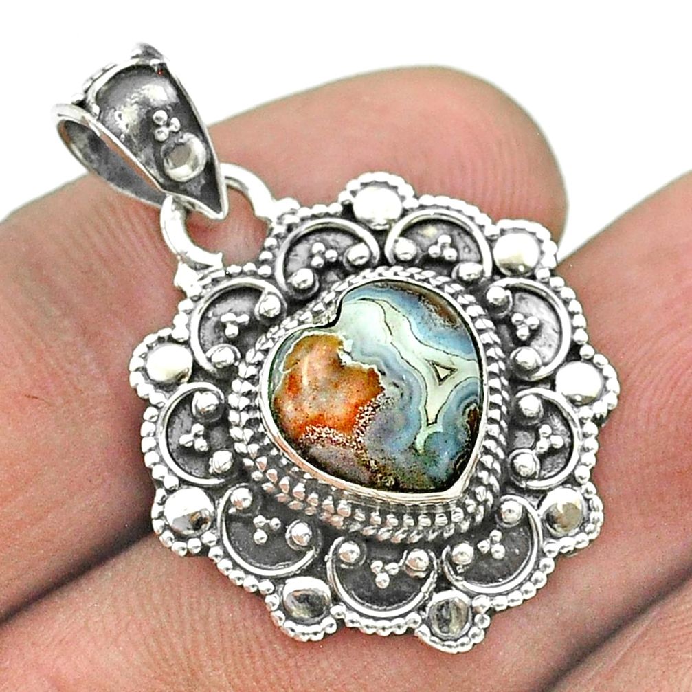 925 silver 5.16cts natural mexican laguna lace agate heart pendant t56125