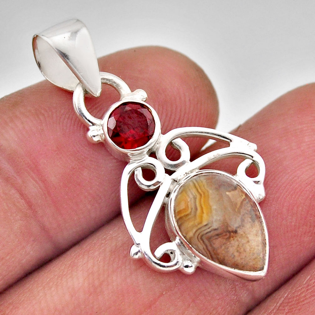925 silver 4.38cts natural mexican laguna lace agate red garnet pendant y86730
