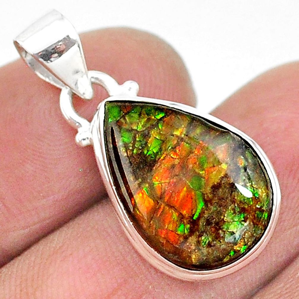 925 silver 8.33cts natural multi color ammolite (canadian) pear pendant t18992