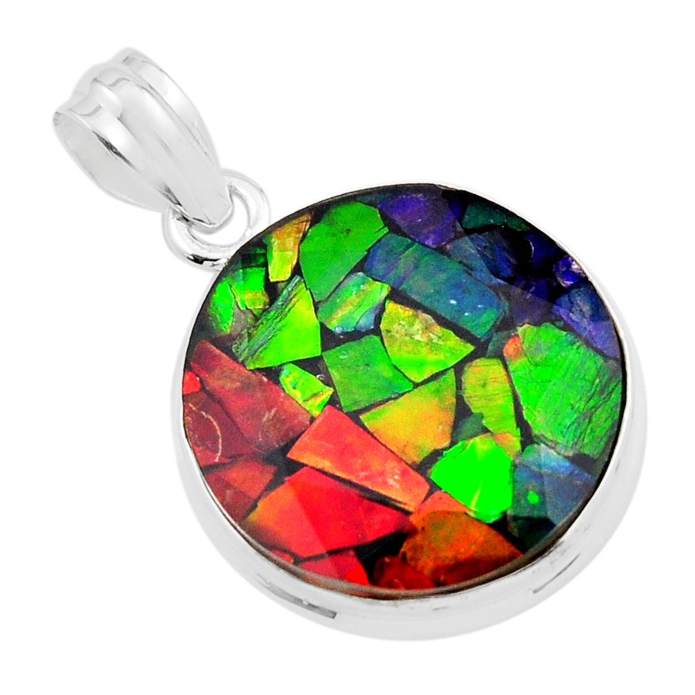 925 silver 14.50cts natural multi color ammolite (canadian) round pendant y42364