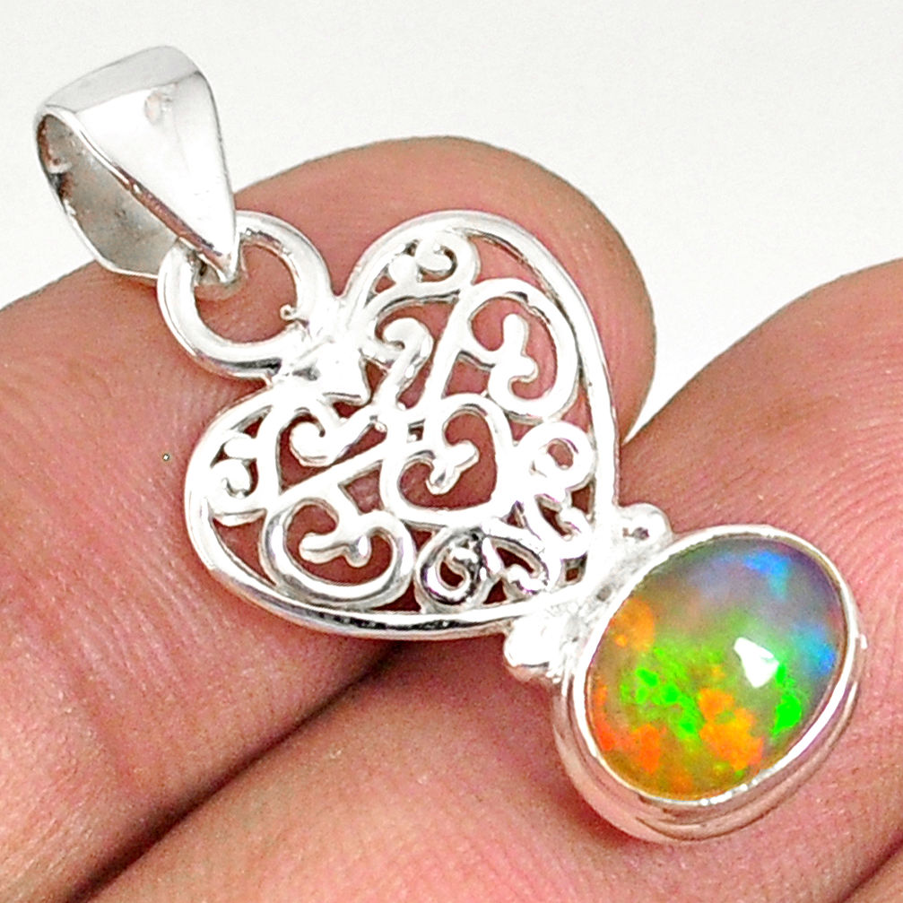 925 silver 3.29cts natural multi color ethiopian opal oval heart pendant r76519