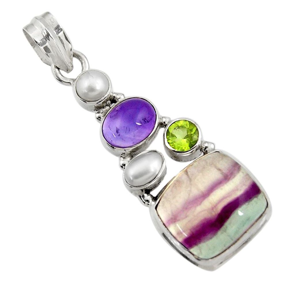 925 silver 17.64cts natural multi color fluorite amethyst pearl pendant d43729