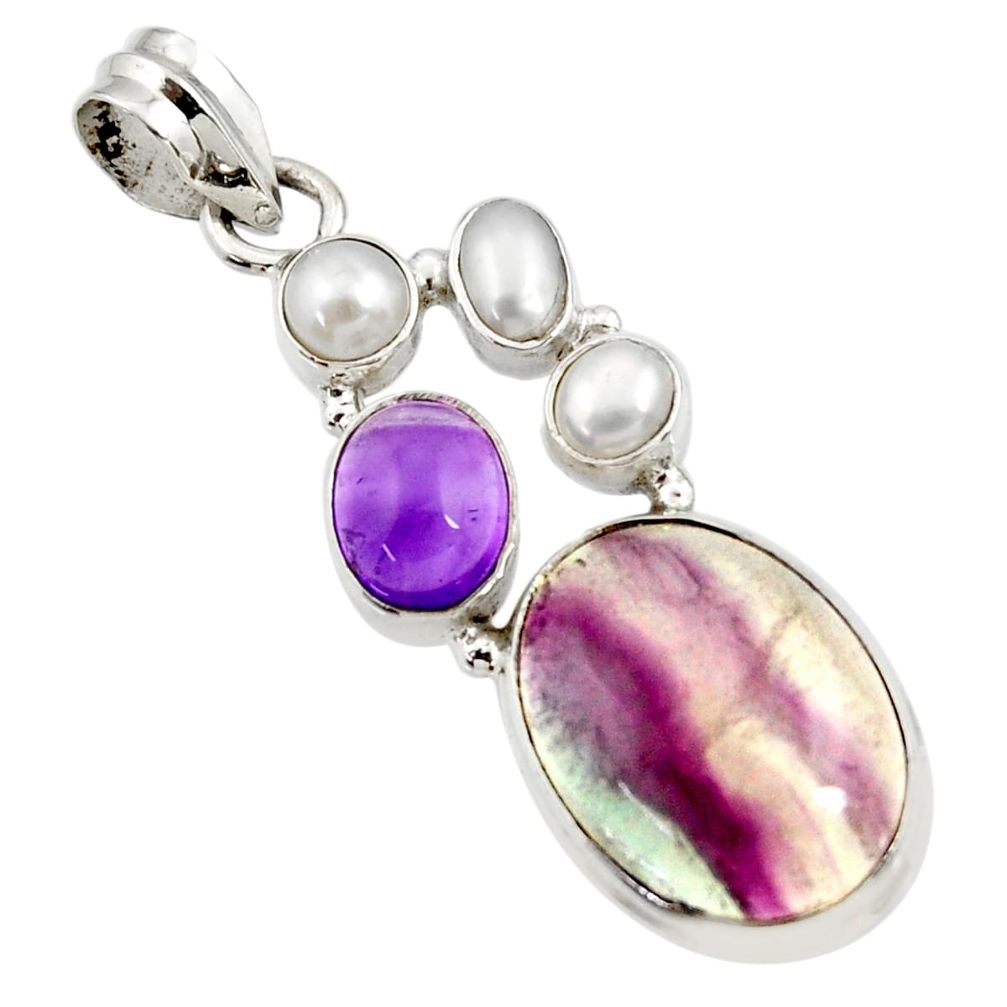 925 silver 17.36cts natural multi color fluorite amethyst pearl pendant d43774