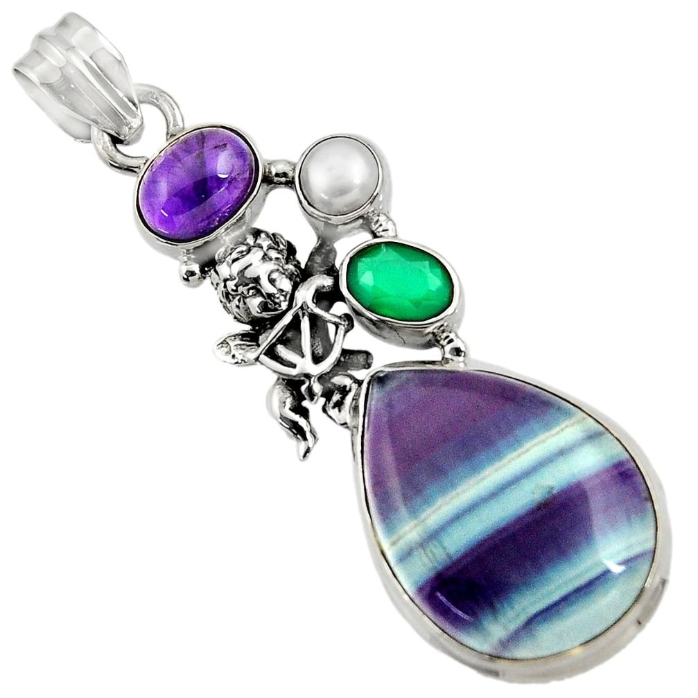 925 silver 22.29cts natural multi color fluorite chalcedony pearl pendant d43739