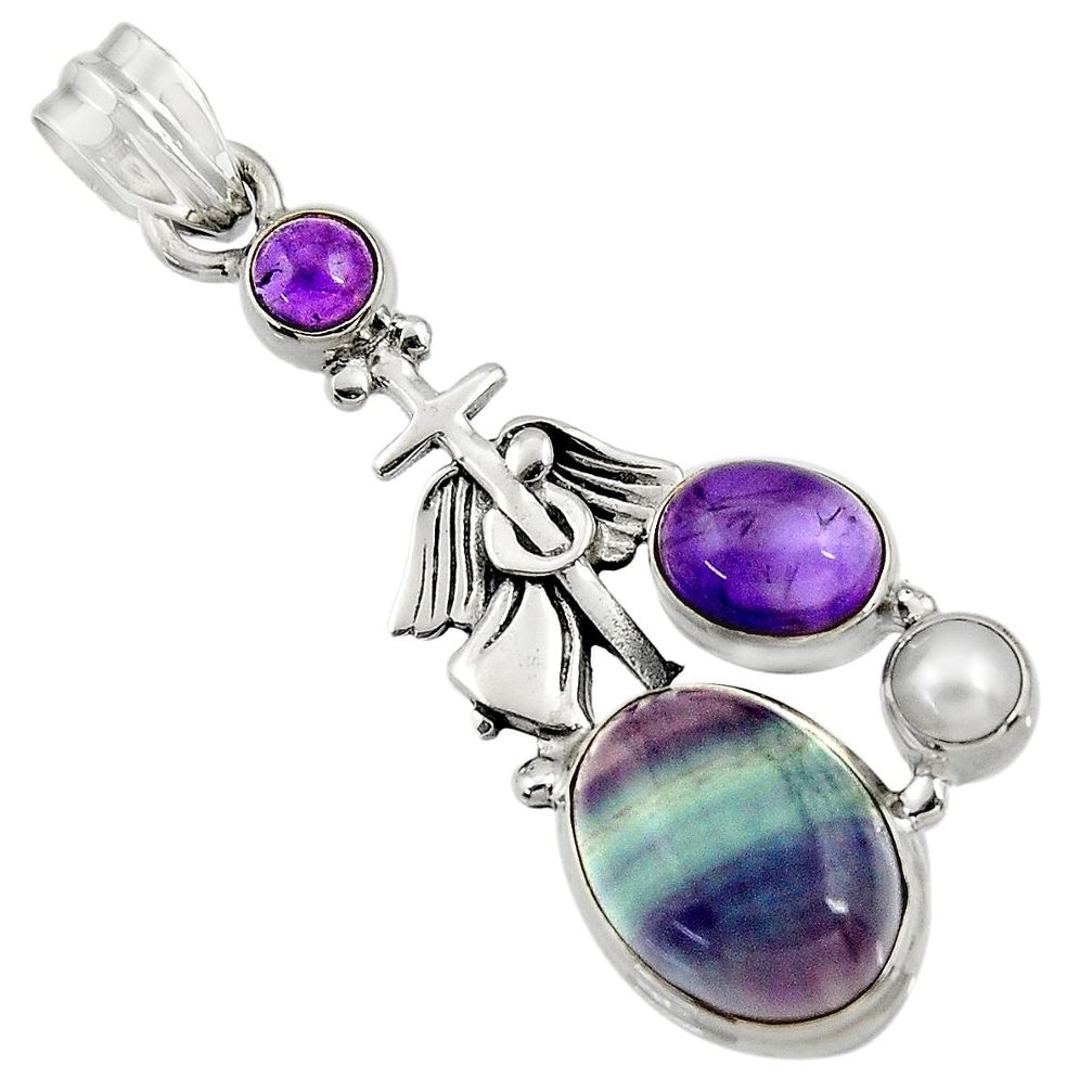 925 silver 10.74cts natural multi color fluorite pearl holy cross pendant d43735