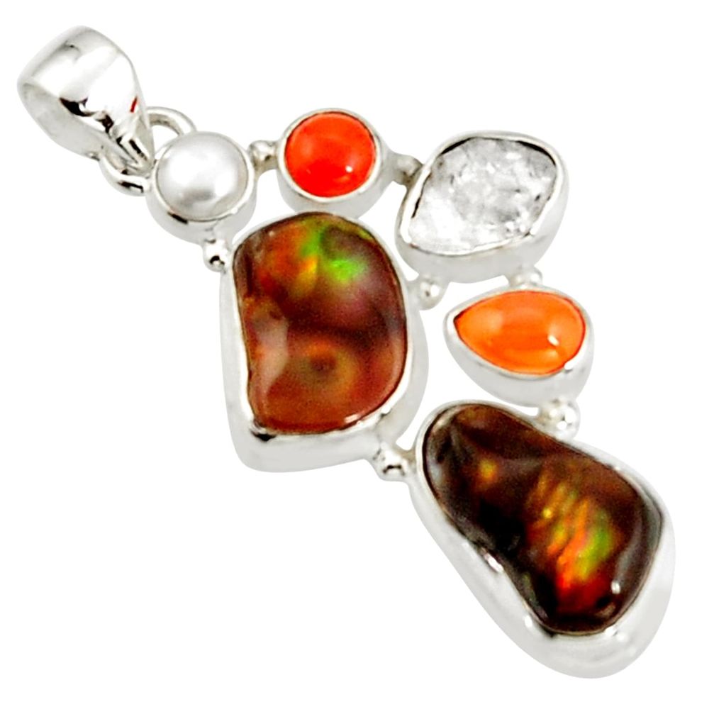 925 silver 19.00cts natural multi color mexican fire agate pearl pendant r20328