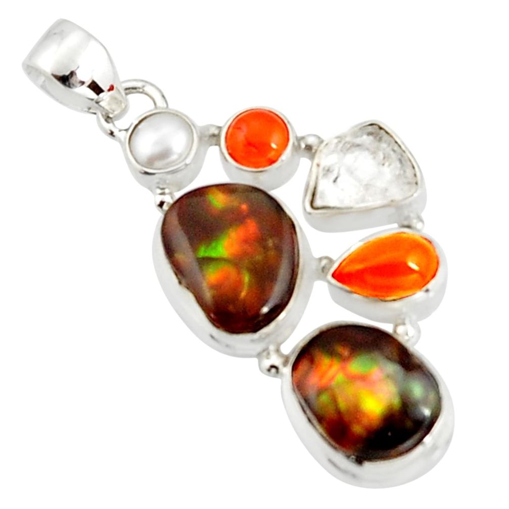 925 silver 18.10cts natural multi color mexican fire agate pearl pendant r20335