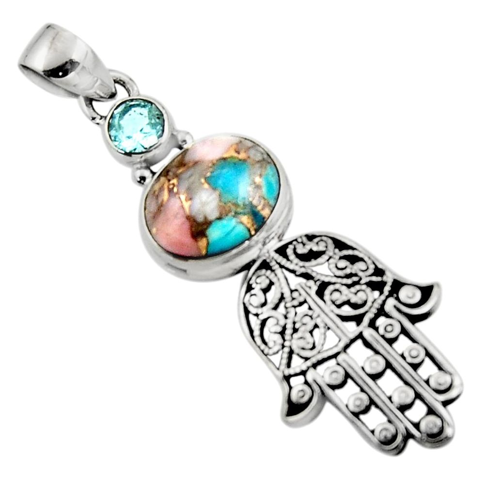 925 silver 5.72cts natural opal in turquoise hand of god hamsa pendant r52796
