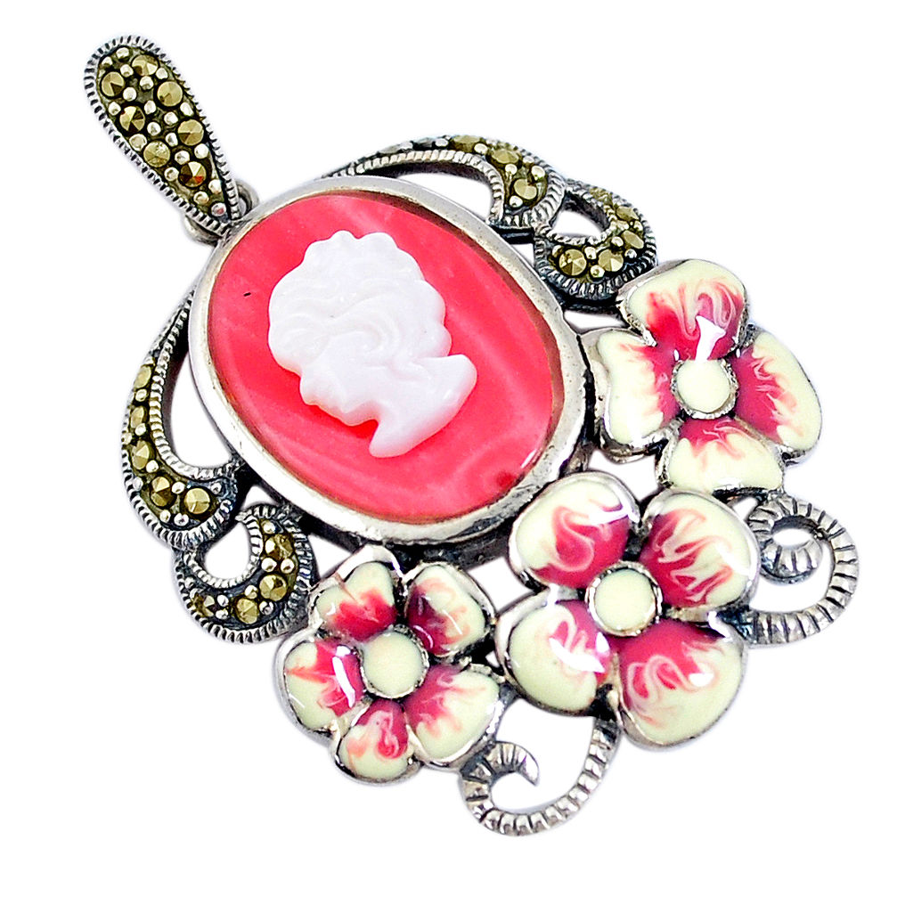 LAB 925 silver 10.16cts natural pink opal pearl enamel lady face pendant c16673