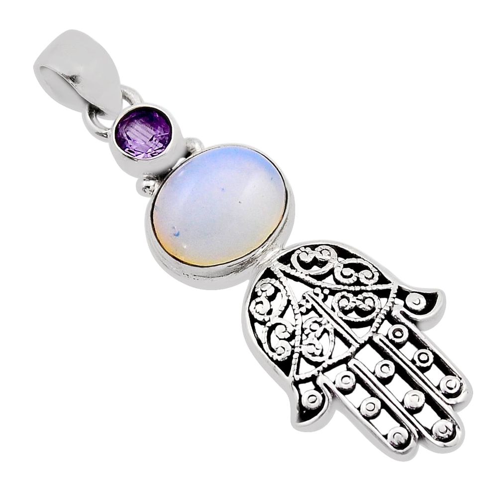 925 silver 5.75cts natural opalite amethyst hand of god hamsa pendant n12985