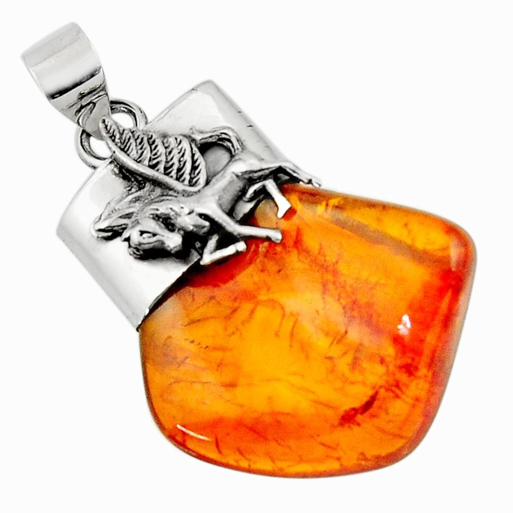 925 silver 14.90cts natural orange baltic amber (poland) unicorn pendant r51604