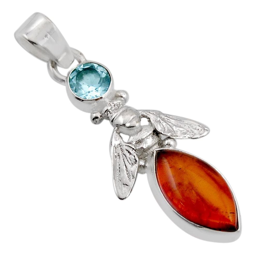 925 silver 4.94cts natural orange baltic amber topaz honey bee pendant y86434