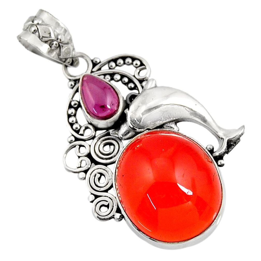 925 silver 16.89cts natural orange cornelian (carnelian) dolphin pendant d43656