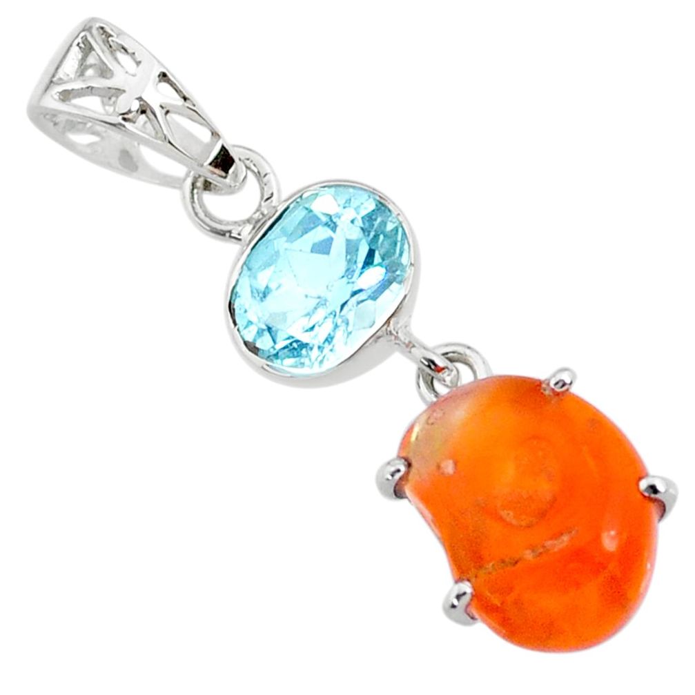 925 silver 8.10cts natural orange mexican fire opal blue topaz pendant r71773