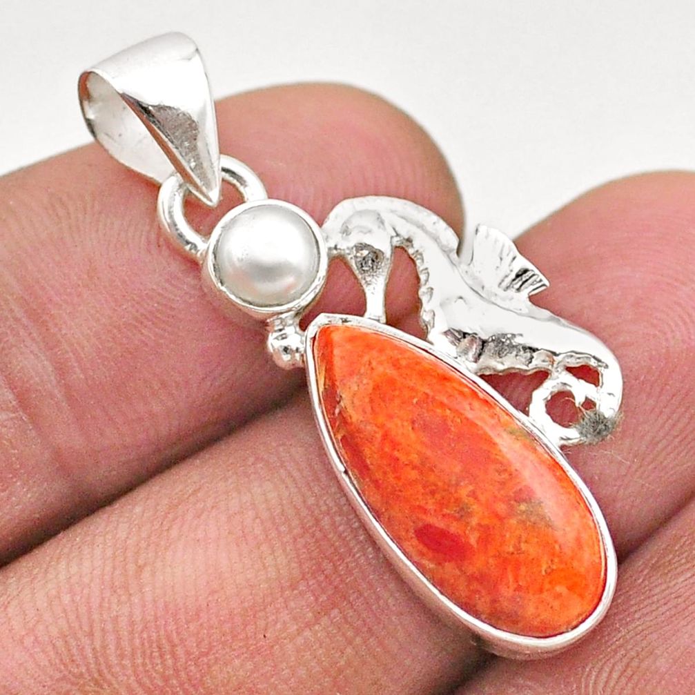 925 silver 8.15cts natural orange mojave turquoise pearl seahorse pendant t70916