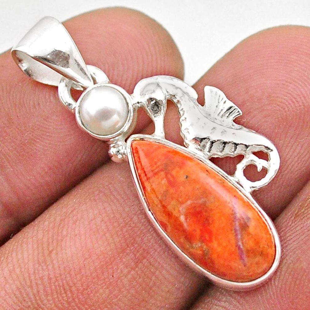 925 silver 8.11cts natural orange mojave turquoise pearl seahorse pendant t70920