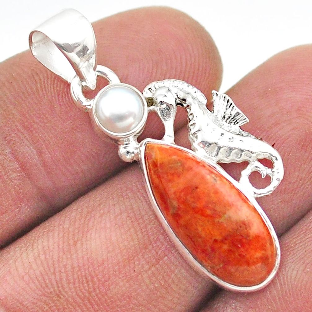 925 silver 7.66cts natural orange mojave turquoise pearl seahorse pendant t70930