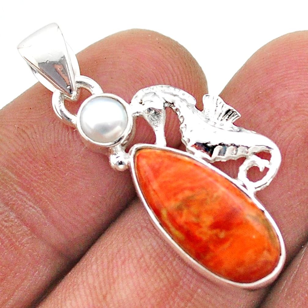 925 silver 8.26cts natural orange mojave turquoise pearl seahorse pendant t70935