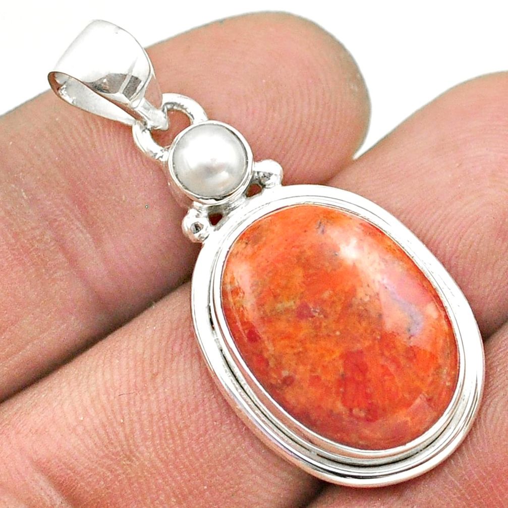 925 silver 12.58cts natural orange mojave turquoise white pearl pendant t70880