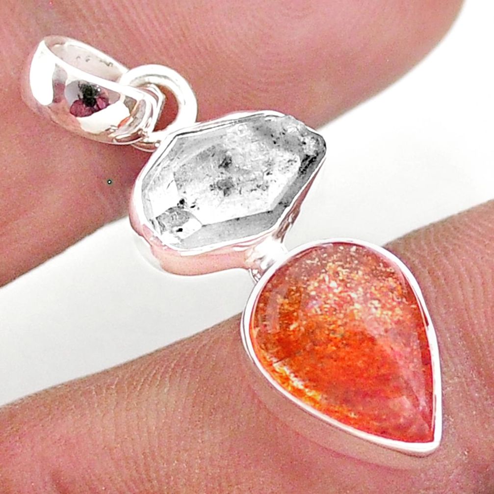 925 silver 8.90cts natural orange sunstone herkimer diamond fancy pendant t49337