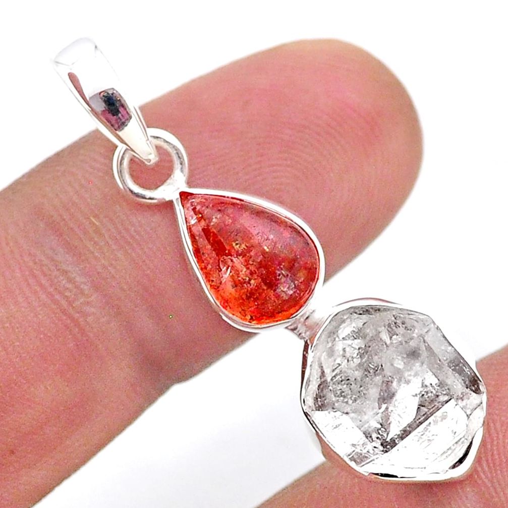 925 silver 8.44cts natural orange sunstone herkimer diamond pendant t49120