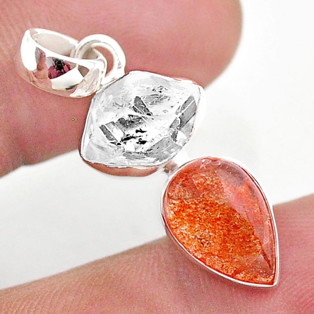 925 silver 9.25cts natural orange sunstone pear herkimer diamond pendant t49340