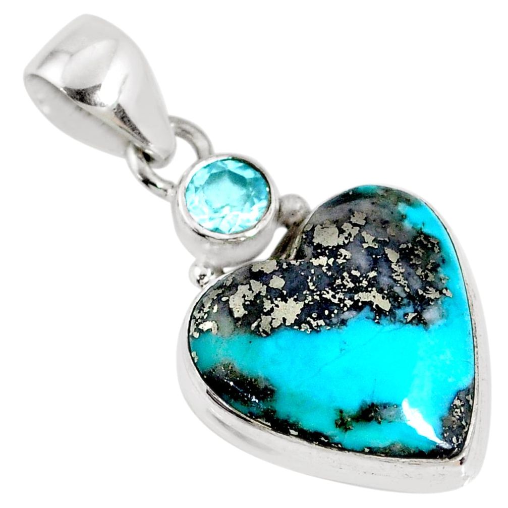 925 silver 11.20cts natural persian turquoise pyrite heart topaz pendant r62809