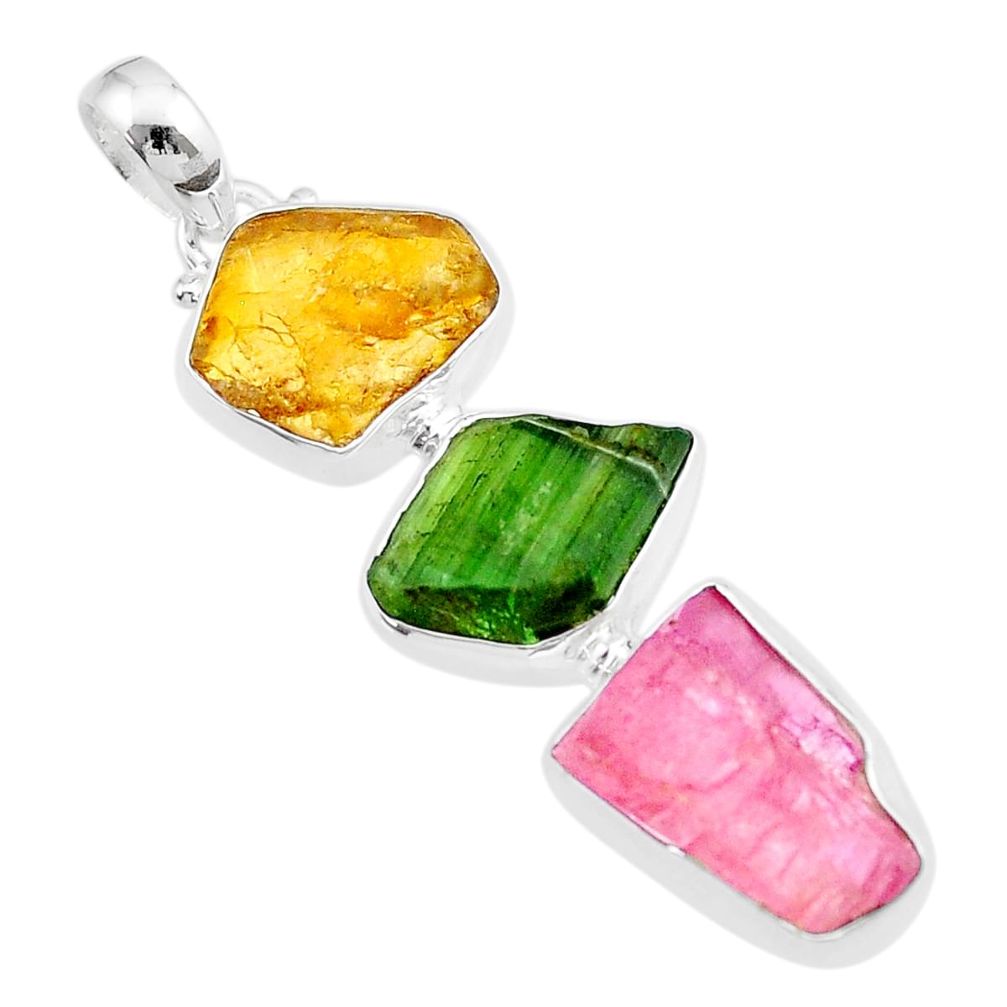 925 silver 14.62cts natural pink green yellow tourmaline rough pendant u26735