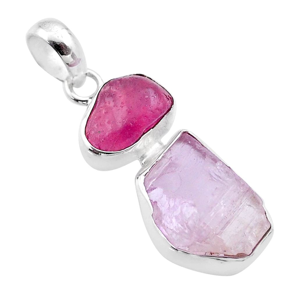 925 silver 14.12cts natural pink kunzite red ruby raw fancy pendant t48089