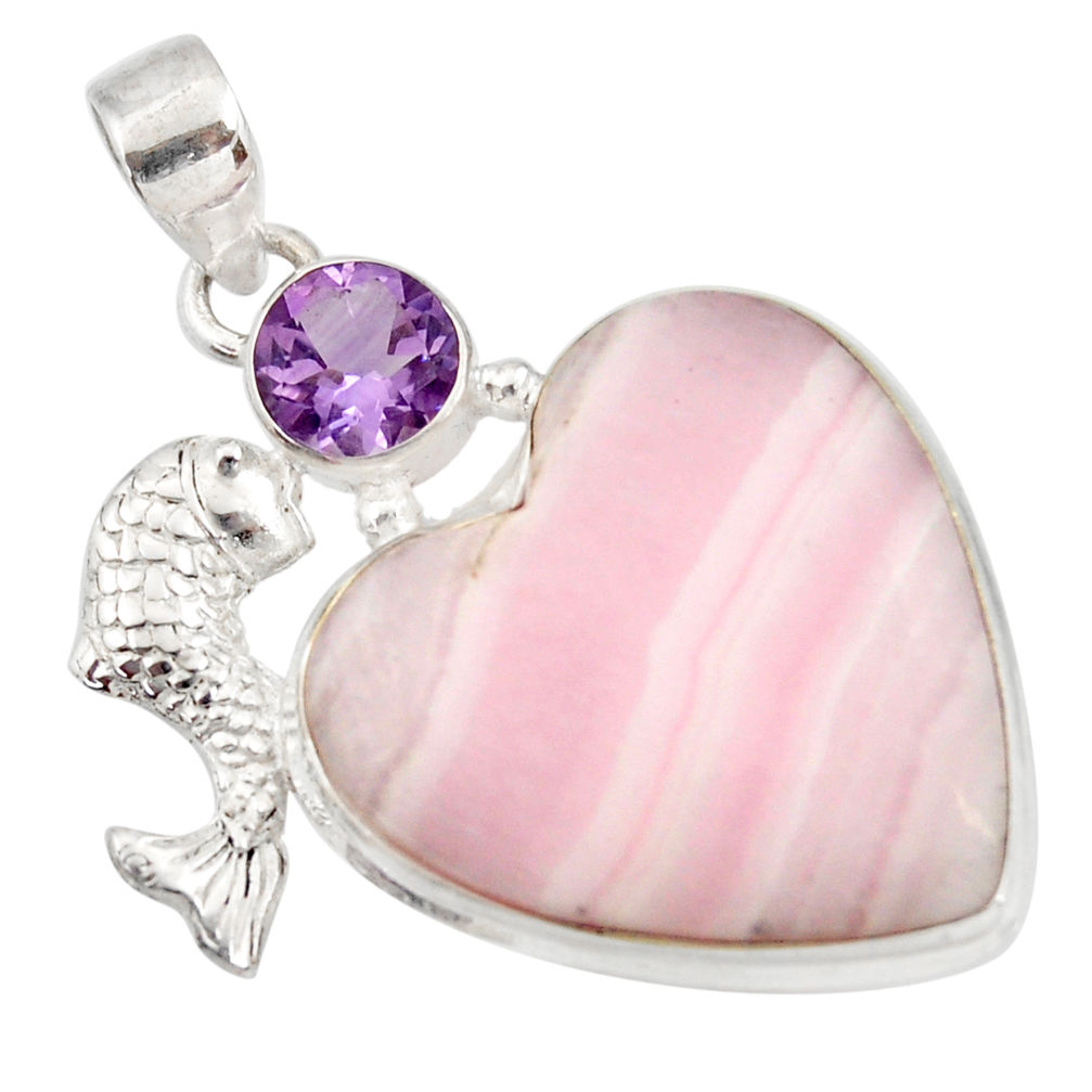 925 silver 28.68cts natural pink lace agate heart amethyst fish pendant d42075