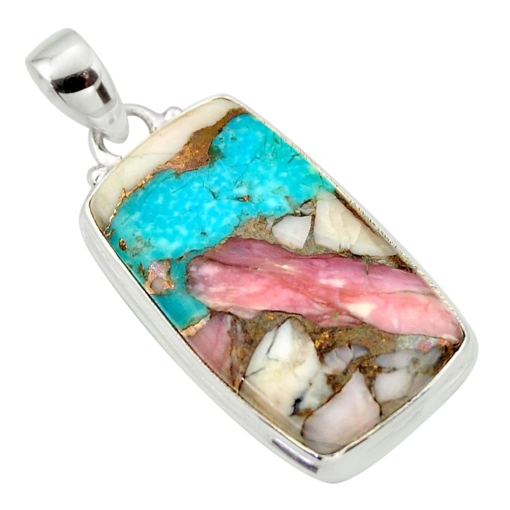 925 silver 22.02cts natural pink opal in turquoise octagan pendant r33806