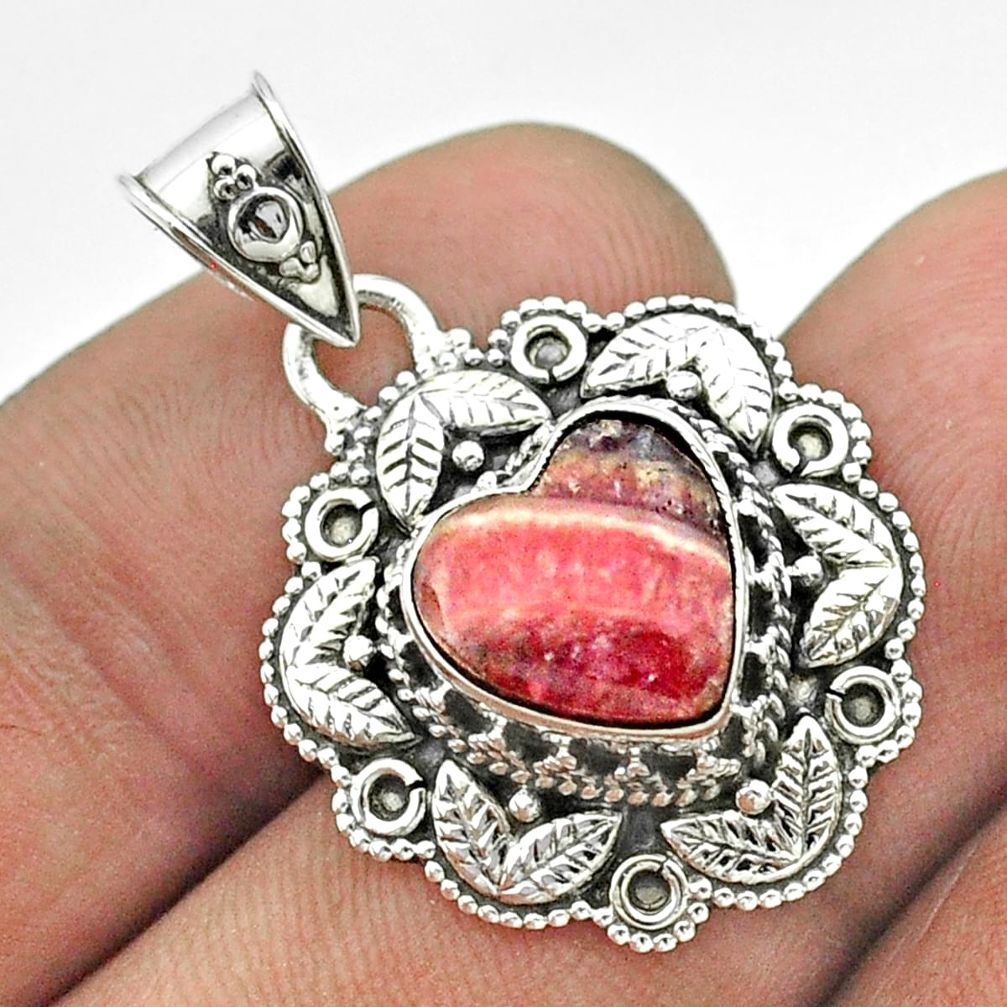 925 silver 5.14cts natural pink rhodochrosite inca rose heart pendant t56160