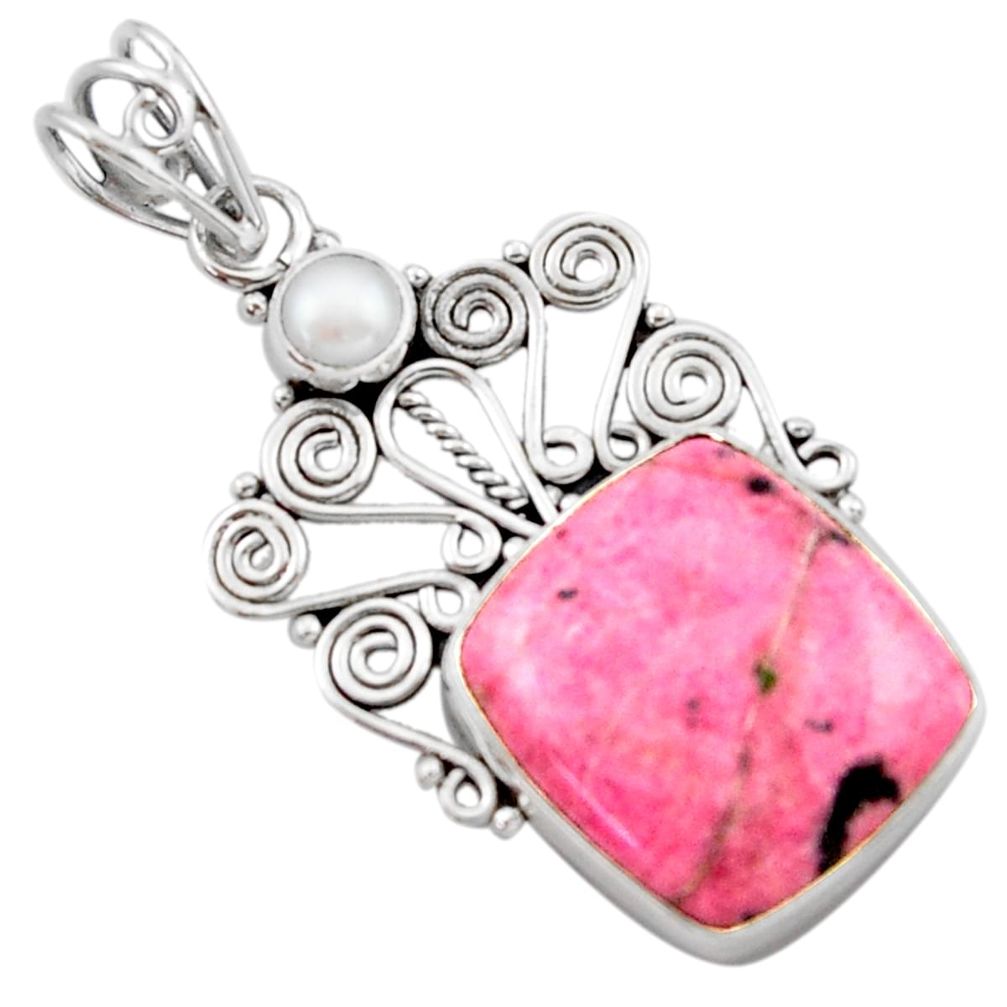 925 silver 14.12cts natural pink rhodonite in black manganese pendant d46677