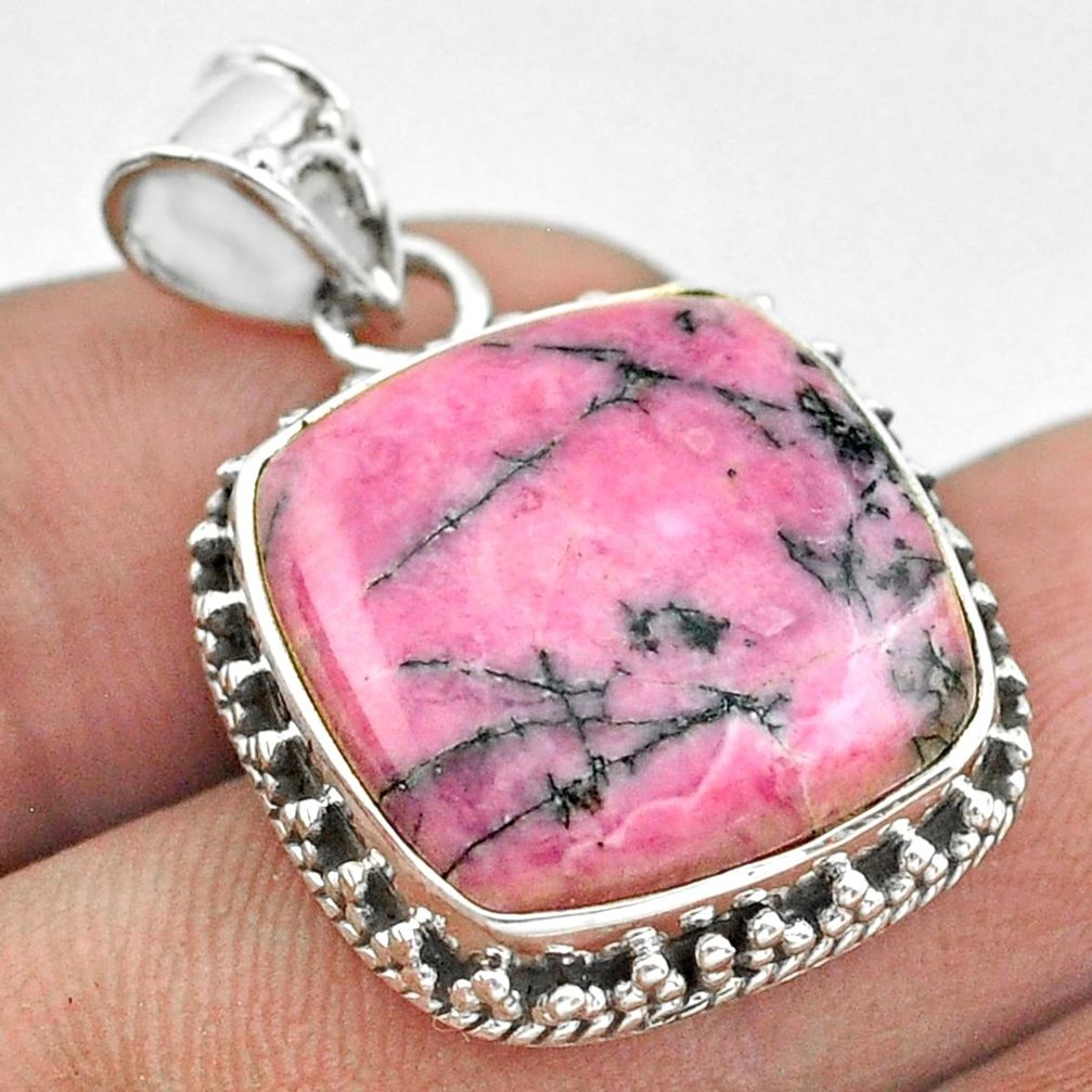 925 silver 16.77cts natural pink rhodonite in black manganese pendant t53688