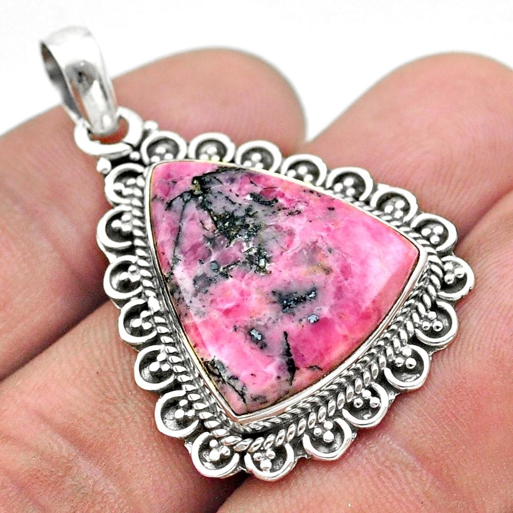 925 silver 17.59cts natural pink rhodonite in black manganese pendant t53698