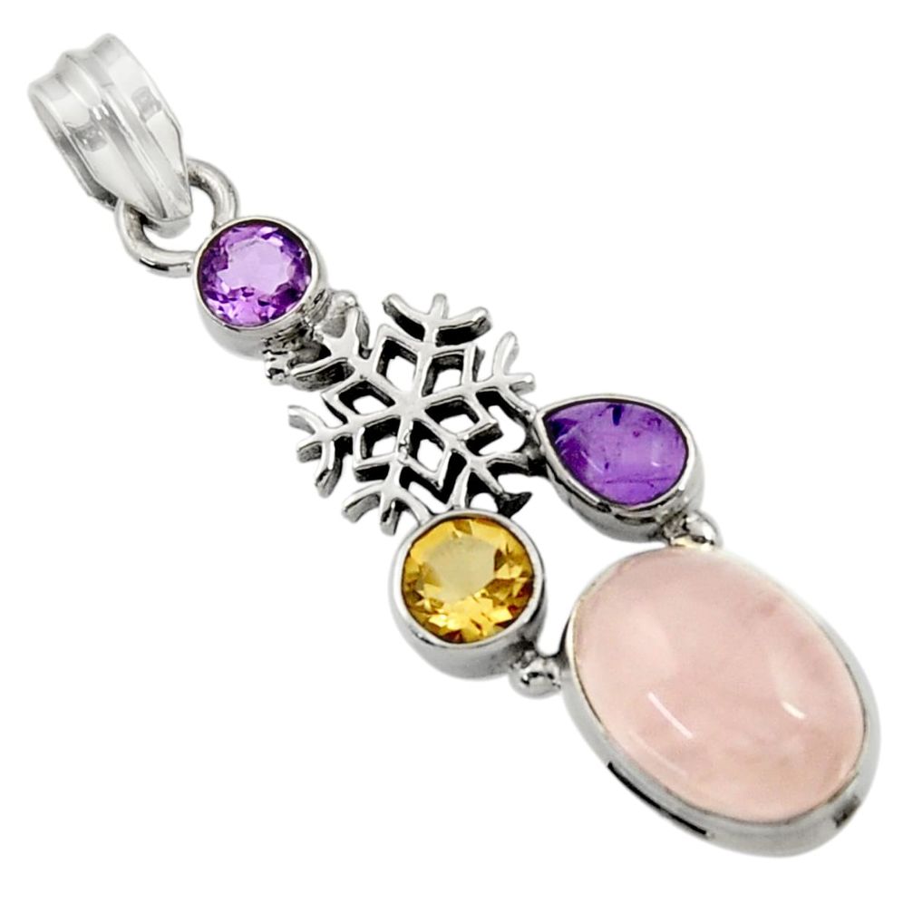 925 silver 10.16cts natural pink rose quartz amethyst snowflake pendant d43540