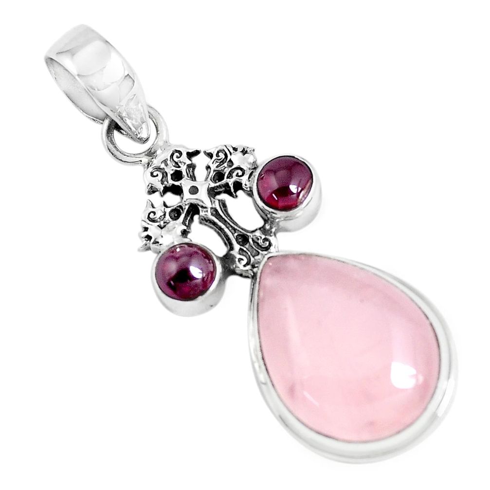 925 silver 13.07cts natural pink rose quartz garnet holy cross pendant p47294