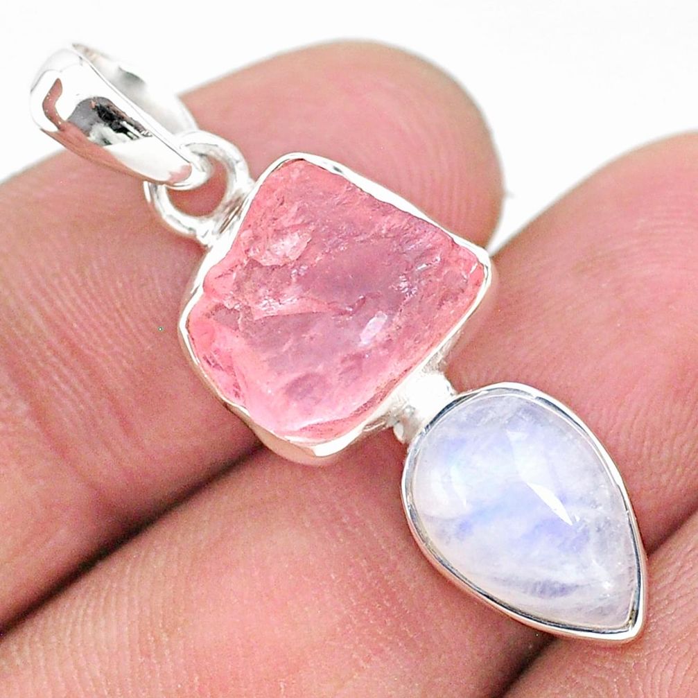 925 silver 9.53cts natural pink rose quartz raw fancy moonstone pendant t25499