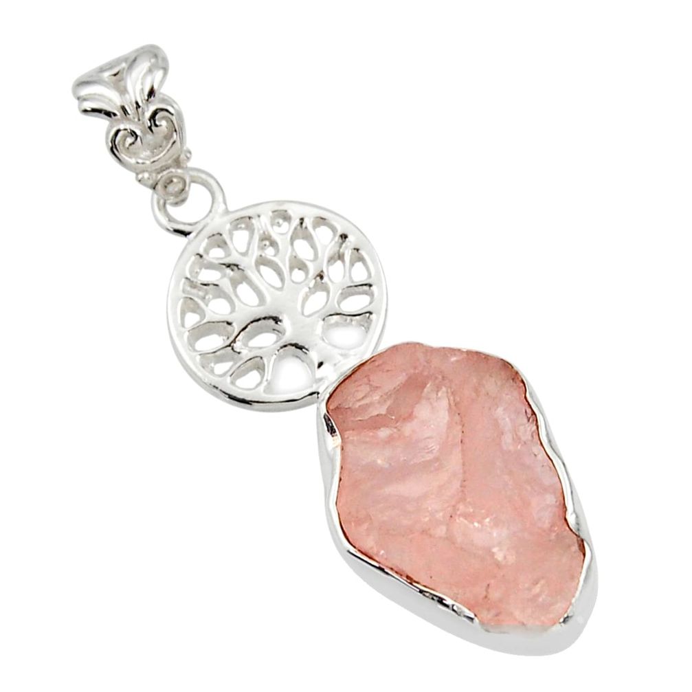 925 silver 10.02cts natural pink rose quartz rough tree of life pendant r31340