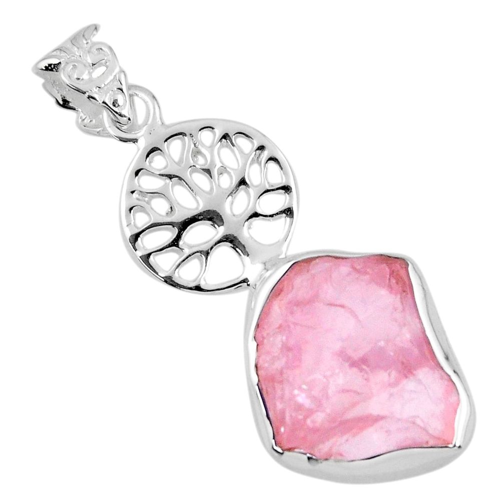 925 silver 10.12cts natural pink rose quartz rough tree of life pendant r56813