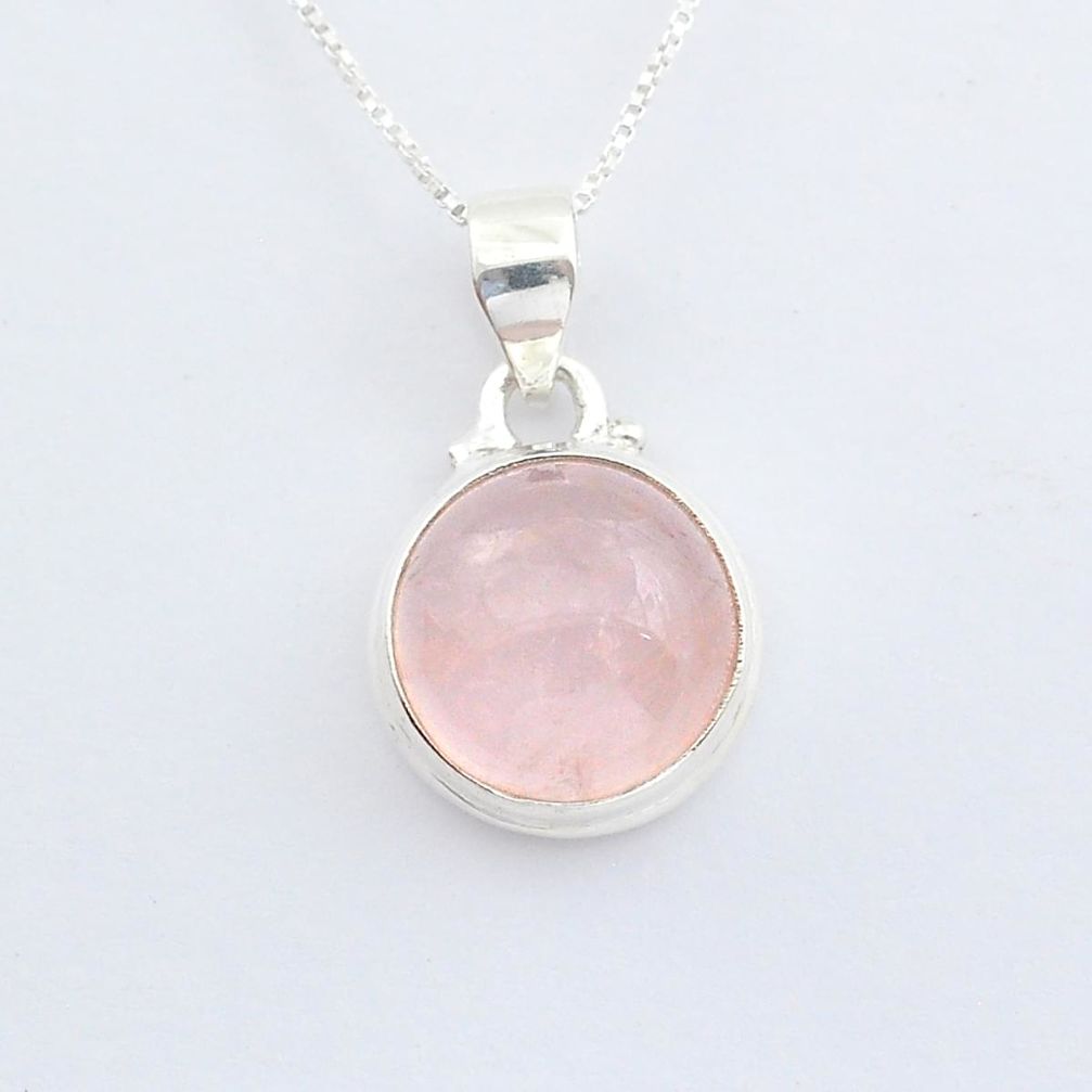 925 silver 9.78cts natural pink rose quartz round 18' chain pendant u56793